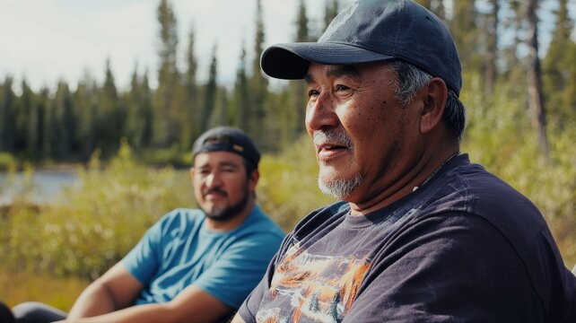 Dene elder sharing stories about climate change impacts in Canada, reflecting Indigenous knowledge, environmental change and community resilience. Authentic documentary-style scene in a natural settin