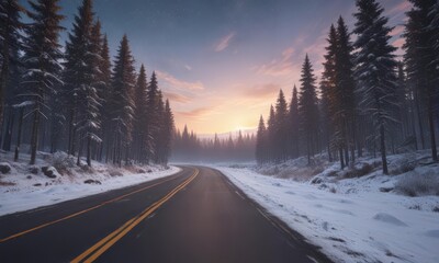Asphalt road winds through snowy forest, sunrise paints sky, Milky Way above , amazing, trees, sunrise