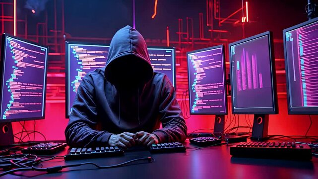 Hacker in Hoodie at Multi-Screen Cybersecurity Command Center