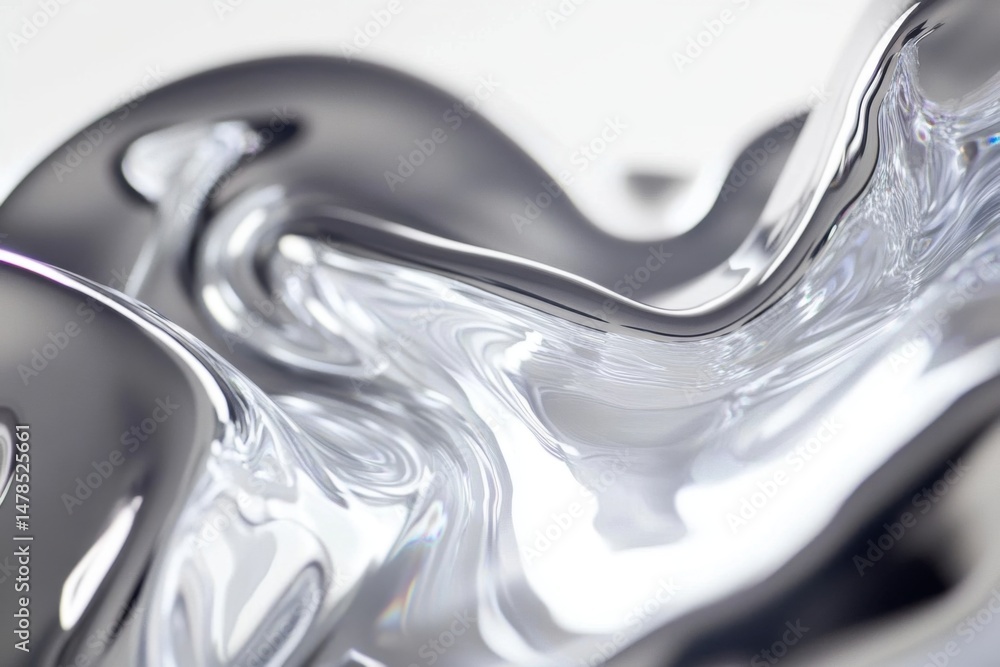 Poster abstract metallic liquid texture close up in silver and white tones with swirling patterns and refle