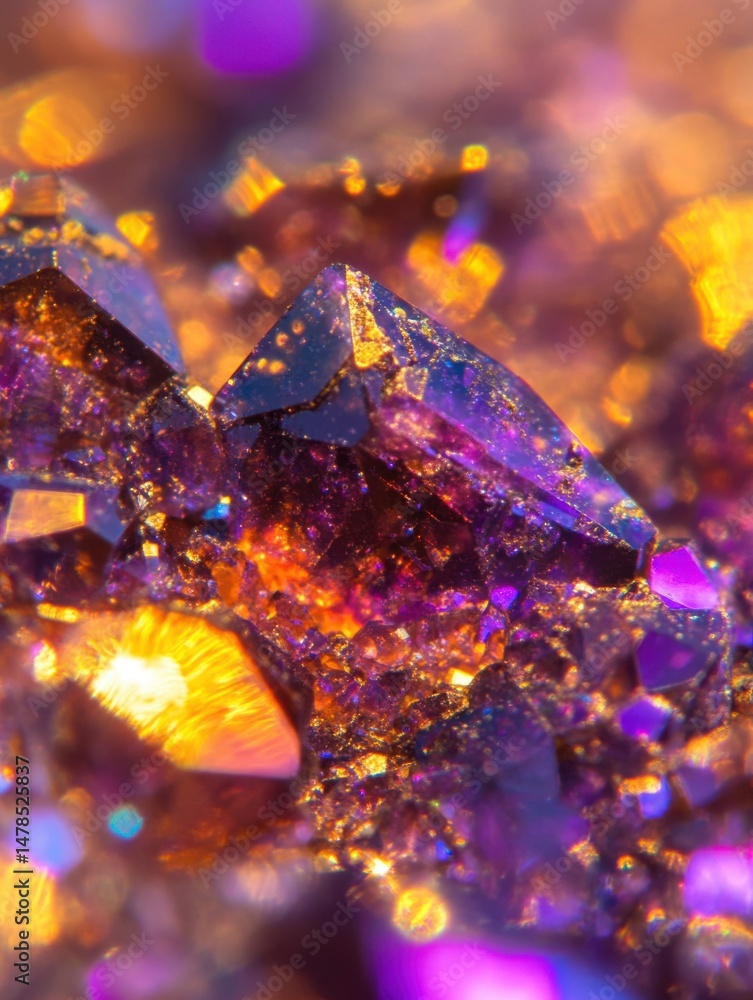 Poster macro shot of amethyst crystals glittering with gold inclusions in a close up view with bokeh effect