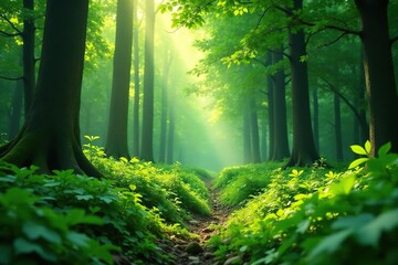 Fototapeta premium Lush green forest background, vibrant foliage, sunlight dappled through leaves , woodsland, plant