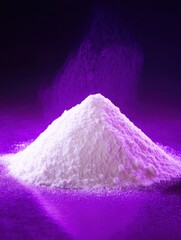 White powder pile close up studio shot on purple background substance chemical ingredient crystalline texture fine grain for product