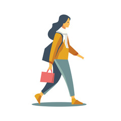 Art & Illustration Woman walking with a bag in her hands. Vector illustration in flat style