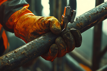 Worker in Gloves Handling Industrial Pipe