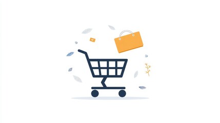 Shopping Cart with Leaves and Bag Illustrating Online Purchase Concept