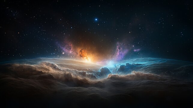 Cosmic nebulae, swirling colors, and distant stars