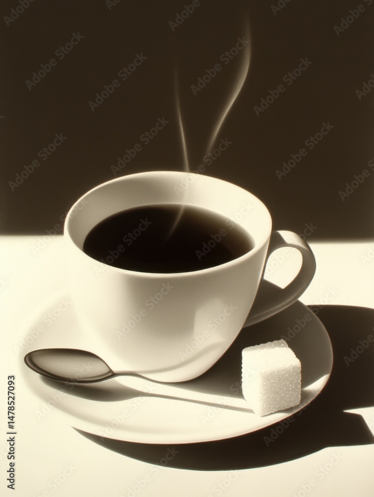 Poster steaming cup of coffee with sugar cube and spoon on saucer in soft light studio shot from above mini