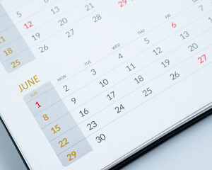 White clean calendar on white background with copy space, business, travel or project planning concept 