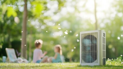 Children Playing Outdoors Near Air Conditioning Unit in Summer