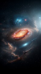 Cosmic ring galaxy.  Vast, swirling nebulae encircle a central, glowing galaxy