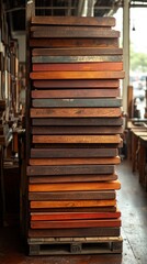 Obraz premium Stacked, colorful, wooden boards on a pallet indoors