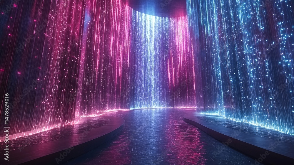 Poster virtual waterfalls of data particles with blue and pink streams reflecting on glossy floor digital i