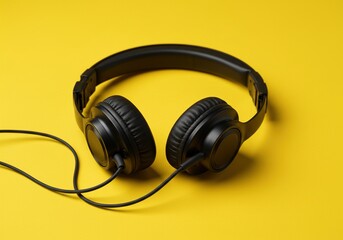 Black Wired Over-Ear Headphones on Bright Yellow Background - Music, Audio Technology, and Minimalist Still Life