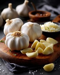fresh garlic bulbs with single peeled clove