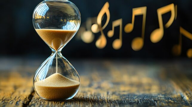 An hourglass with sand shaped like musical notes