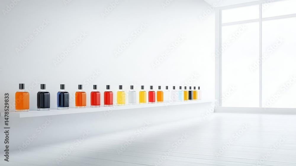 Poster stylish display of colorful bottles on modern shelf in bright room