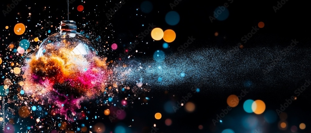 Poster exploding ornament of vibrant colors with bokeh effect against a dark background