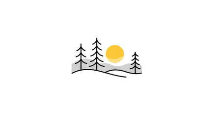 Minimalist Mountain Landscape with Pine Trees and Sun