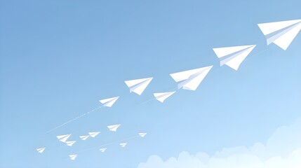 Dynamic Line of Soaring Paper Airplanes Individually Captured Front View Evoking Nostalgic Childhood Free Creativity