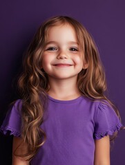 Naklejka premium Smiling little girl portrait in purple shirt, headshot, studio shot, direct gaze, happy expression, cute child