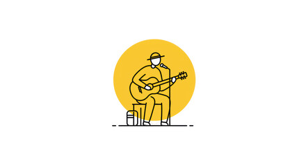 Busker's Line Art: Solo Musician with Guitar and Hat