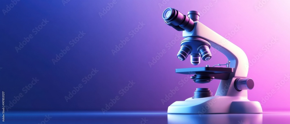 Poster microscope in laboratory setting close up science equipment for research and analysis with blue and 
