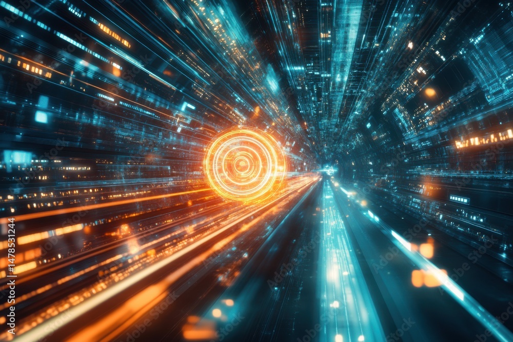 Poster abstract data tunnel with glowing sphere and light streaks representing digital information flow and