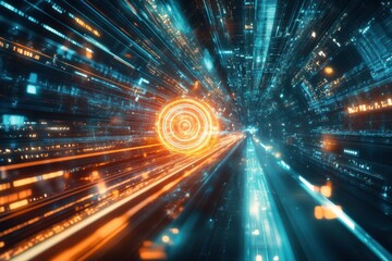 Abstract data tunnel with glowing sphere and light streaks representing digital information flow and futuristic technology concept
