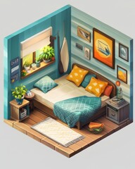 Isometric Bedroom Scene with Coastal Decor Plants and Soft Lighting Cozy Interior Design Illustration