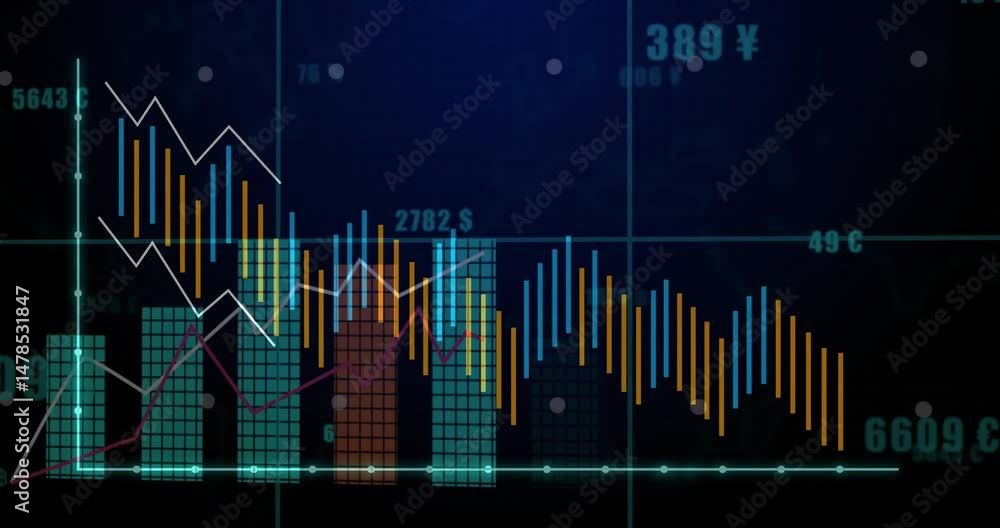 Poster multi layer finance chart being animated in dark interface, showing teal grid bars and trend lines