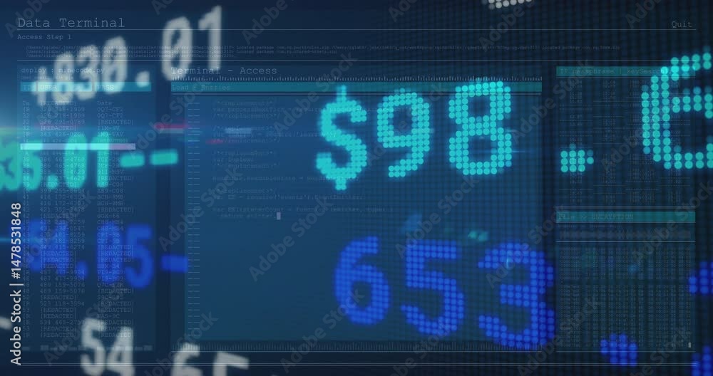 Aufkleber displaying pixelated turquoise 98:64 digits in flat design console interface with encryption panels