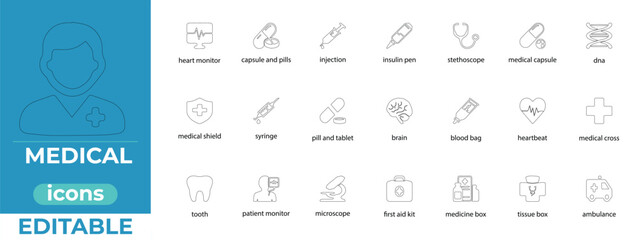 Modern medical line icon set clean vector graphics for healthcare apps, websites, and presentations. Editable, scalable, and professionally designed