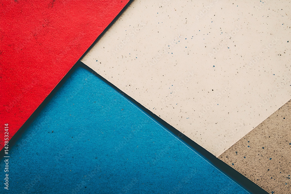 Poster an abstract composition of textured paper in red blue and off white creating a geometric and minimal
