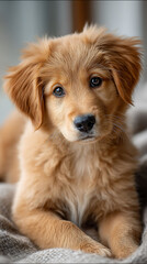 Golden puppys captivating gaze on a cozy blanket