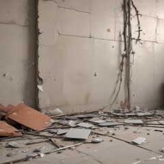 Crumbling tile, sharp glass shards, electrical wires ,  detail,  damage,  grime