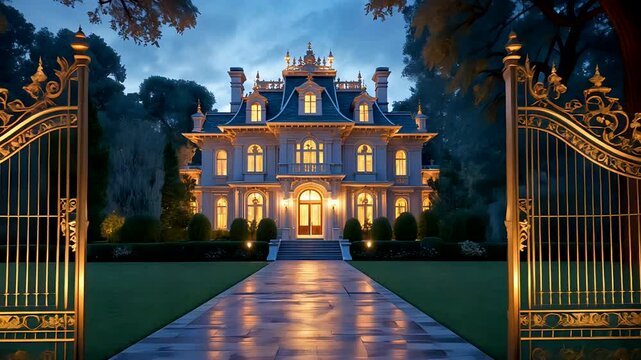 Luxury Mansion Behind Golden Gates at Sunset