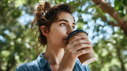 Obraz premium Modern Lifestyle: Woman Relaxing with Reusable Cup Outdoors