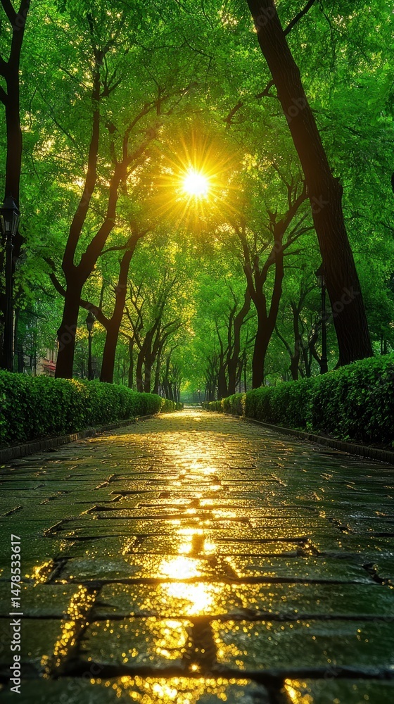 Poster sun shines through tree-lined path on wet cobblestone road