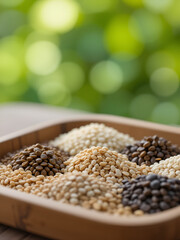 Variety of Seeds Arranged on a Wooden Tray With a Blurred Green Background in a Natural Setting.