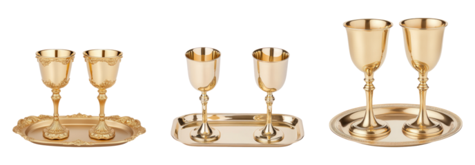 Elegant Golden Goblets and Tray on Transparent Background