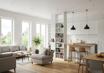 Fototapeta premium Bright open concept living room and kitchen with modern furnishings, natural light