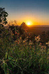 Sunset Behind Mount Coonowrin in Glass House Mountains, Queensland, Australia