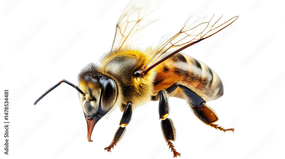 Poster a close-up of a honeybee with its wings spread and its body facing the left side of the frame is iso