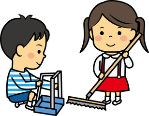 ゴミを片付ける小学生男女