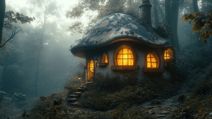 Enchanted Mushroom House in a Misty Forest