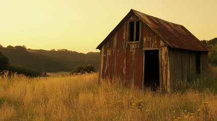Fototapeta premium Rustic barn at sunset surrounded by tall grass and wildflowers in a serene landscape