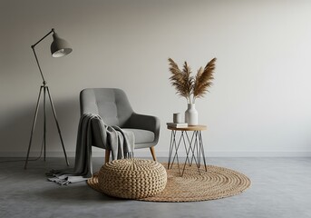 Modern interior with gray chair, lamp and pampas grass in a vase