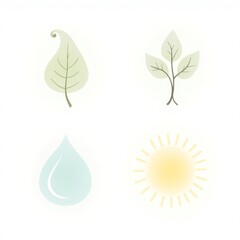 four minimalistic icons symbolizing nature, a leaf, a tree, a water droplet, and a sun