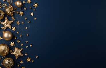 Fototapeta premium Festive golden ornaments arranged on a deep navy backdrop.